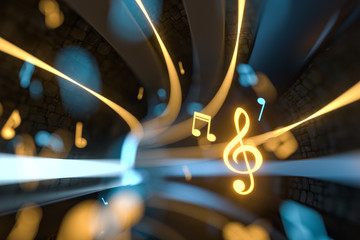 Music notes with dark background, floating notes, 3d rendering. - obrazy, fototapety, plakaty