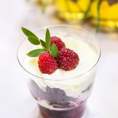 Creamy ice cream with raspberries in a glass glass.