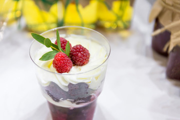 Creamy ice cream with raspberries in a glass glass.