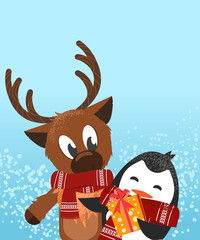 Fototapeta premium A deer and penguin celebrating Christmas Postcard