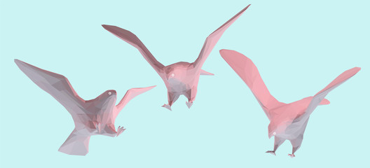 Pastel Eagle. Set of Pink Eagles on Pastel Blue Background. Low Poly Vector 3D Rendering