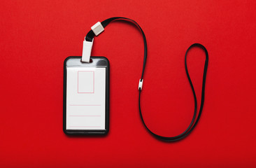 Business name tag (identity badge). Plastic card blank on rope. Corporate access template.