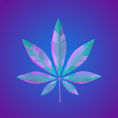 Psychedelic Vaporwave Cannabis Leaf on Retro Background. Low Poly Vector 3D Rendering