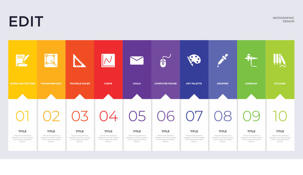 10 edit concept set included colours, airbrush, dropper, art palette, computer mouse, chalk, curve, triangle ruler, transform box icons