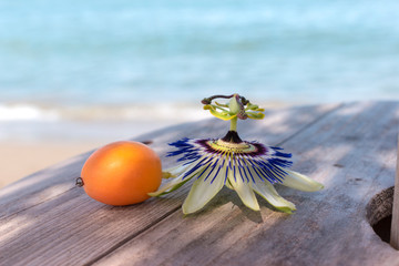 Fototapeta na wymiar Passion fruit and flower lie on a wooden table on the beach on the island of Corfu, Greece. Travel in exotic countries.