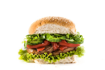 Vegan burger with seitan and vegetables isolated on white background. Fake meat.	