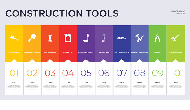 10 construction tools concept set included gardening rake, clipper, repair screwdriver, stillson wrench, antique key, gardening digger, gallon oil, repair wrench, gardening palette icons