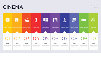 10 cinema concept set included cameraman, cartoon network, cinema audience, cinema celebrity, curtain, curtains, exit, flapper, hurdy gurdy icons