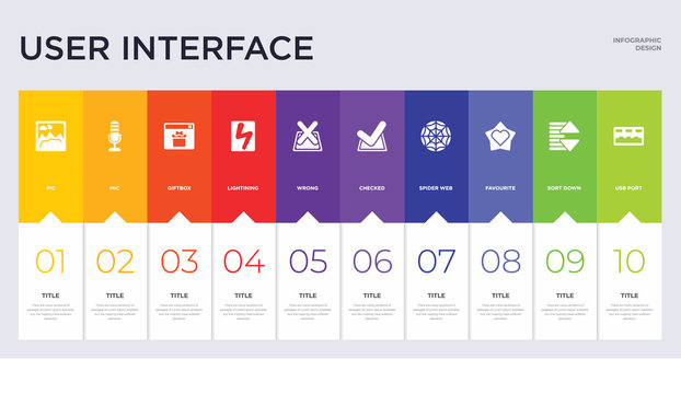 10 user interface concept set included usb port, sort down, favourite, spider web, checked, wrong, lightining, giftbox, mic icons