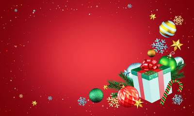 Christmas background with gift box and glass balls, stars, snowflakes, fir tree twigs, candy cane. 3d render