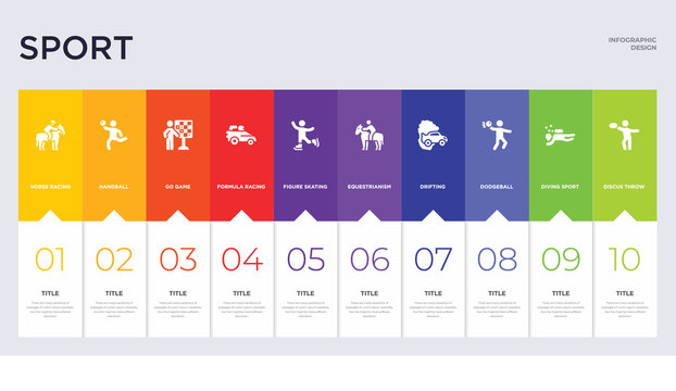 10 sport concept set included discus throw, diving sport, dodgeball, drifting, equestrianism, figure skating, formula racing, go game, handball icons