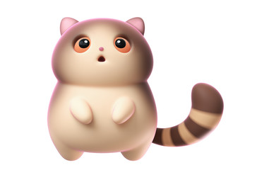 Surprised little kawaii brown cat with open mouth, big orange eyes floating in the air. Cartoon funny fat cat with yellow belly and striped tail. 3d digital illustration isolated on white background