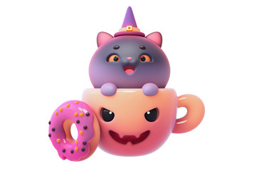 Funny kawaii smiling cat in Jack-O-Lantern cup with scary face and pink donut. Cartoon cute black kitten with orange eyes in witch hat peeks out from cup. 3d illustration isolated on white background