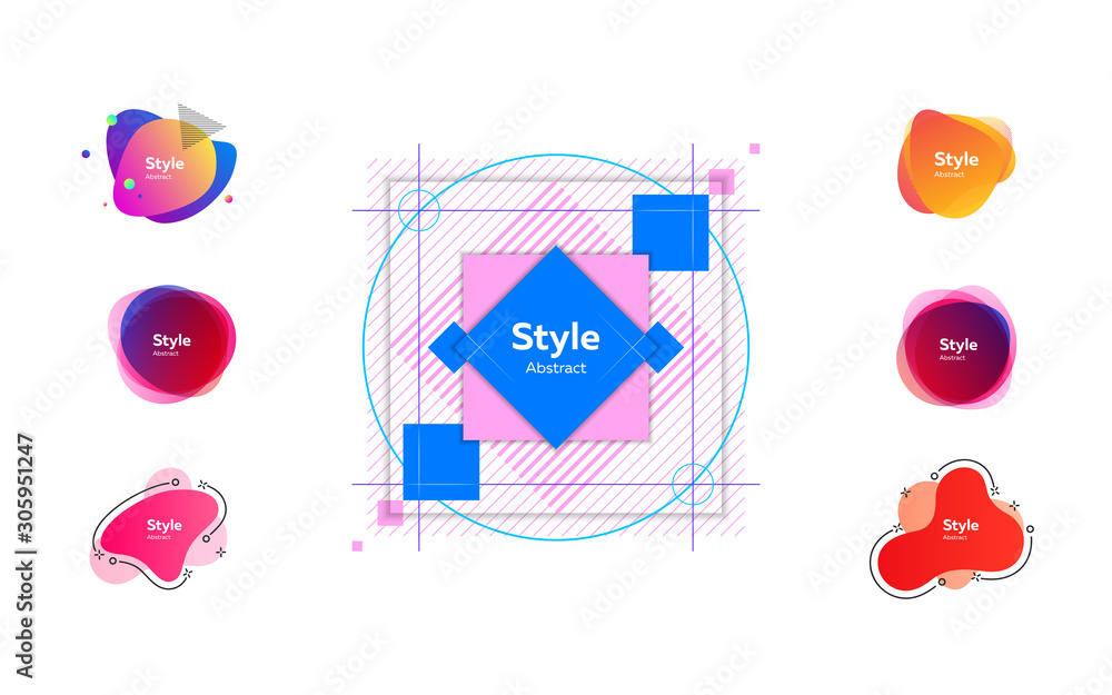 Poster bright multi-colored abstract forms. dynamical colored forms and dots. gradient banners with flowing