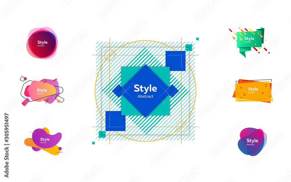 Poster collection of minimal modern badge. dynamical colored forms and line. gradient banners with flowing 