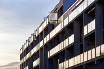 Balconies of a concrete condominium with glass balustrades in Rotterdam Prinsenland in the...