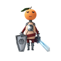 Cartoon brave hero orange with a surprised expression. Concept art of fruit character of a medieval knight in metal armor with a shield, belt and sword. 3d illustration isolated on white background.