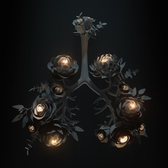 Abstract healthy lungs with magical glowing flowers in a night scene. Botanical Floral Lungs with roses, peonies, eucalyptus, chrysanthemum. Medical Art. Human anatomy. 3d monochrome illustration.