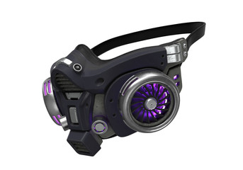 Obraz premium Futuristic chemical gas mask with protective scratched metal filters. Modern military black gray respirator with neon light. Concept art air pollution. 3d illustration isolated on white background