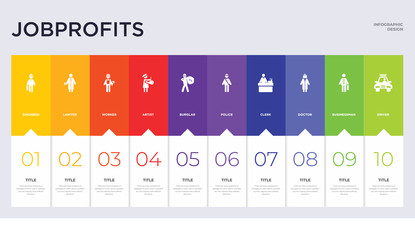 10 jobprofits concept set included driver, businessman, doctor, clerk, police, burglar, artist, worker, lawyer icons