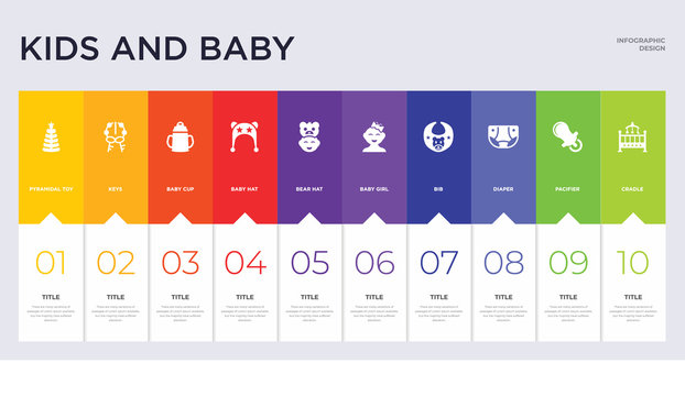 10 kids and baby concept set included cradle, pacifier, diaper, bib, baby girl, bear hat, baby hat, cup, keys icons