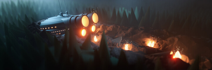 Wrecked spaceship in spruce forest with a furrow in the ground. Glowing turbines of a spacecraft crashed to the ground in a night scene illuminated by searchlights. 3d illustration in low-poly style. © roman3d