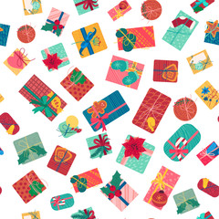 Fototapeta na wymiar Christmas present boxes with ribbons seamless pattern