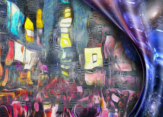 Times Square New York Painting. Warped space. Words