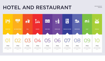 10 hotel and restaurant concept set included takoyaki, valet, vegetarian, vending machine, wine glass, wine menu, parking, meal, air conditioner icons