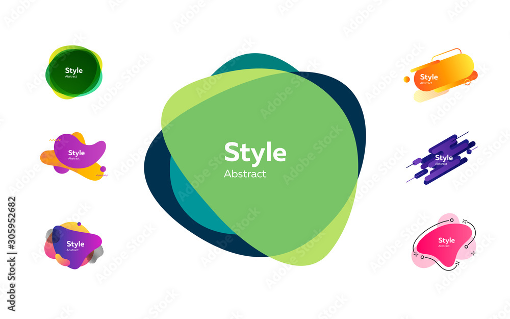 Poster dynamic geometric badges set. colorful modern figures and lines with sample text. trendy minimal tem