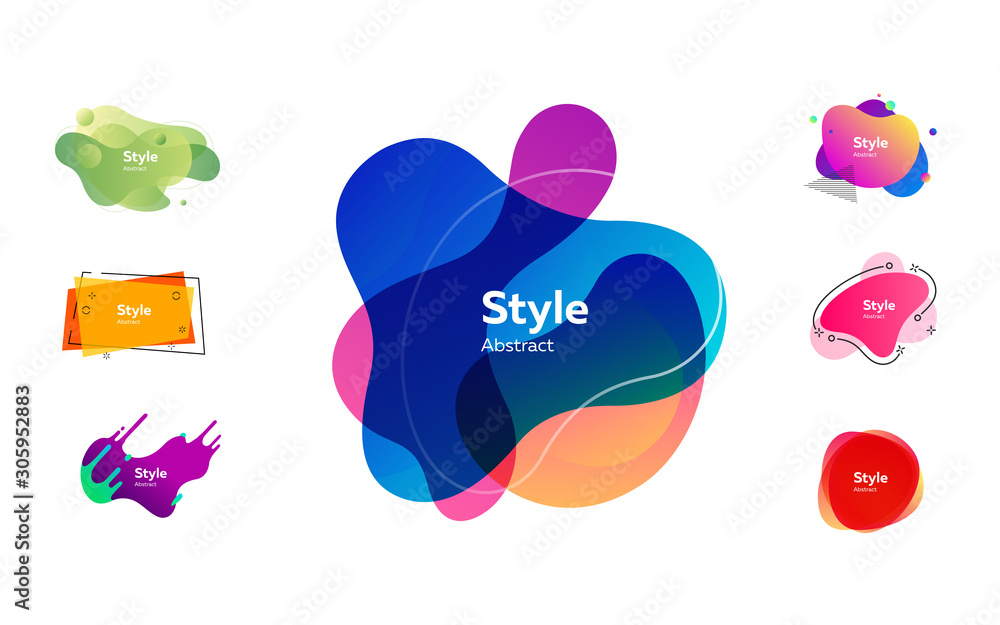 Poster flat bright geometric forms. dynamical multicolored forms and line. gradient banners with flowing li