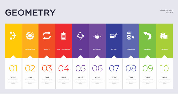 10 geometry concept set included measure, reverse, select all, import, dimension, axis, paste clipboard, rotate, color wheel icons