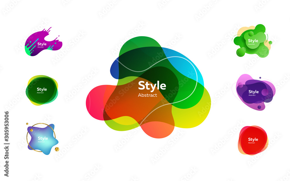 Poster fluid design shapes with inscriptions. dynamical colored forms and line. gradient banners with flowi