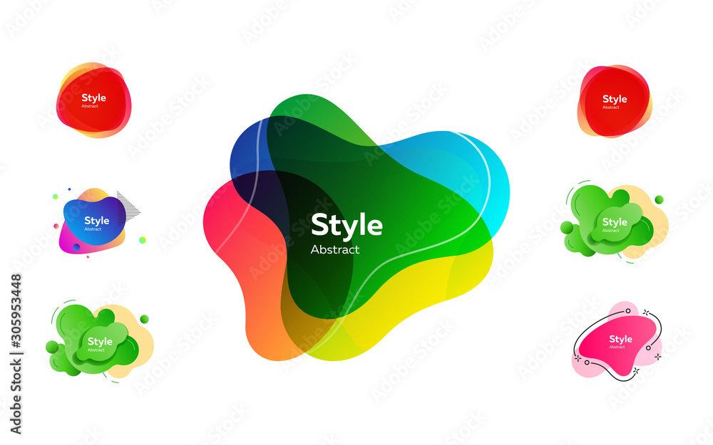 Aufkleber irregular liquid shapes set. colorful abstract badges with sample text. trendy minimal templates for