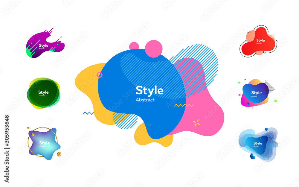 Poster liquid elements with text sample. dynamical colored forms and dots. gradient banners with flowing li