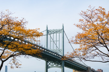 The Triborough Bridge connecting Astoria Queens New York to Wards and Randall's Island framed by Colorful Trees during Autumn