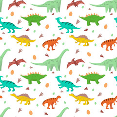 pattern of cartoon dinosaurs, diplodocus, stegosaurus, pteranodon
