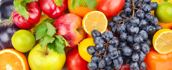 Background from the collection of fruits and vegetables. Wide photo.