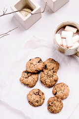 Christmas cranberry and chocolate oatmeal cookies and mug of cocoa with marshmallow on white background decorated branches and candles. Selective focus