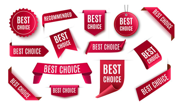 Best choice tags, vector red labels isolated on white background. Best choice 3d ribbon banners