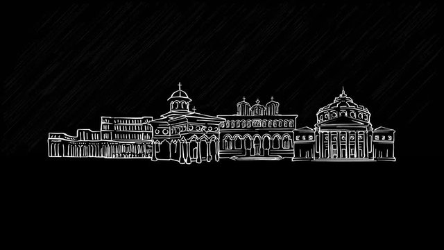 Bucharest, Romania, Panorama Sketch chalk drawing on blackboard