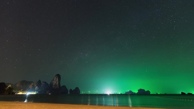 Starry sky on the beach. Tonsay bay. Thailand. Timelapse