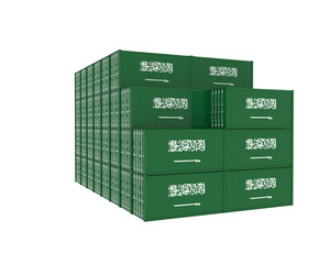 3D Illustration of Cargo Container with Saudi Arabia Flag on white background. Delivery, transportation, shipping freight transportation.