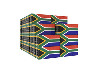 3D Illustration of Cargo Container with South Africa Flag on white background with shadows. Delivery, transportation, shipping freight transportation