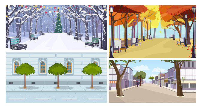 City buildings and trees flat vector illustration set. Street, shops, Christmas tree, park. Tourism and nature concept