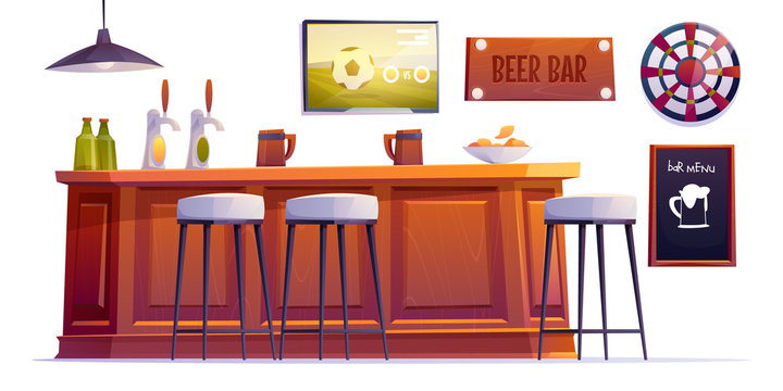 Beer bar stuff, pub desk with bottles and cups, high stools, drinks, menu board, darts and television with football match hang on wall isolated on white background Cartoon vector illustration clip art