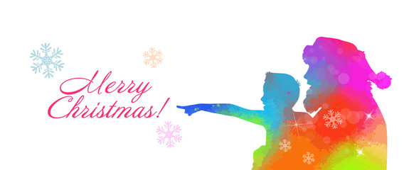 Santa Claus with a little boy in his arms. Multicolored abstract silhouette. Merry Christmas. Vector illustration