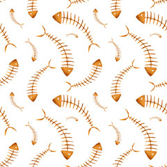 seamless pattern fish skeleton painted in watercolor