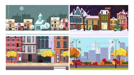 City in winter and in autumn flat vector illustration set. Buildings, streets, park. City life and nature concept
