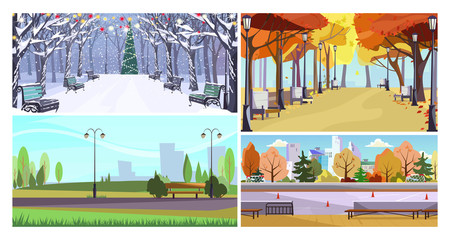 City parks flat vector illustration set. Christmas tree, autumn view, summer park. Tourism and nature concept